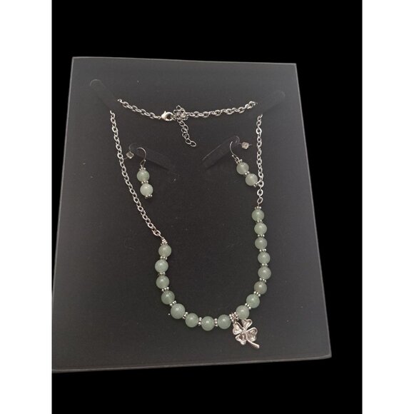 Shamrock Necklace Earrings Green Beaded Silver Four Leaf Clover Fighting Irish - Picture 2 of 3